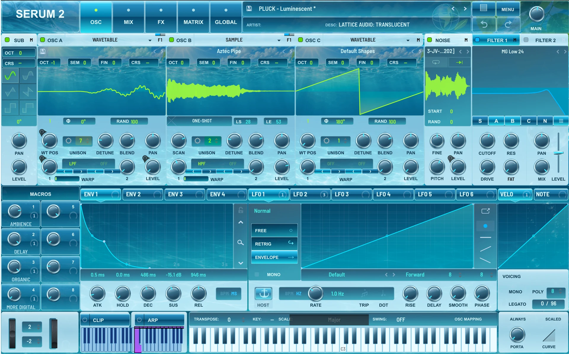 Frutiger Aero running in Serum 2: underwater oscillator displays, pearl-blue controls, chrome knobs and green waveforms