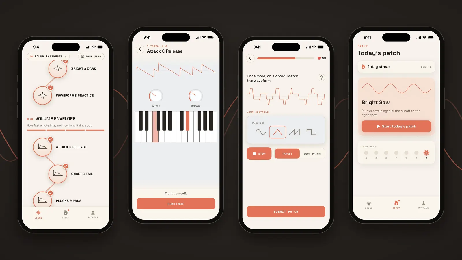 Four Detune screens: the Sound Synthesis path, an Attack and Release tutorial, a waveform-matching challenge, and the daily patch.